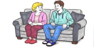 Piirroskuva naisesta ja nuoresta miehestä juttelemassa sohvalla