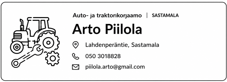 Autojen ja traktoreiden korjauspalveluita tarjoavan Arto Piilolan yhteystietokortti. Kuvituksena traktori ja hammasratas.