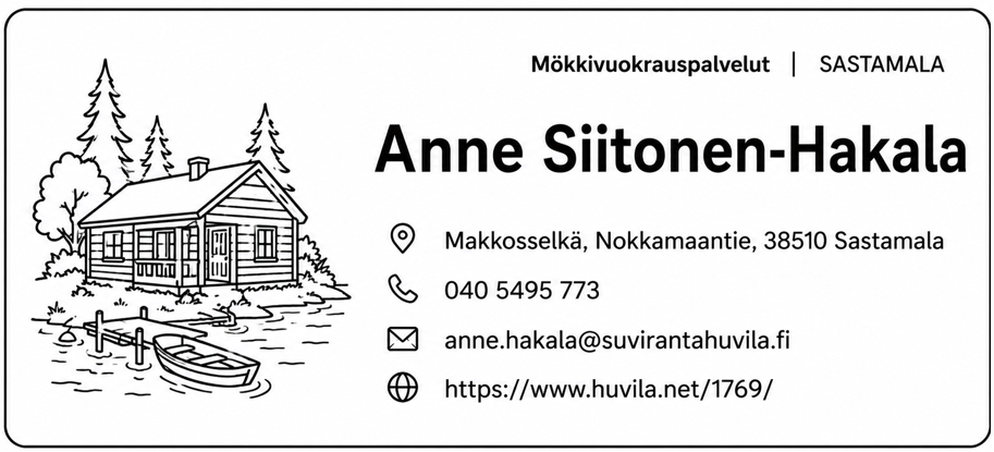 Mökkivuokrauspalveluita tarjoavan Anne Siitonen-Hakalan yhteystietokortti. Kuvituksena mökki rannassa ja soutuvene laiturissa.
