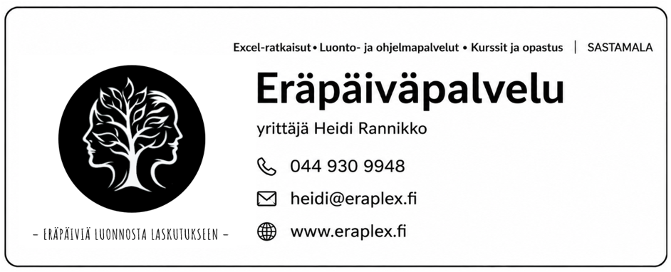 Eräpäiväpalvelun yrittäjä Heidi Rannikon yhteystietokortti. Kuvituksena yrityksen logo, jossa keskellä lehtipuu ja tämän vierellä kummallakin puolella puusta poispäin katsovien kasvojen sivuprofiili.