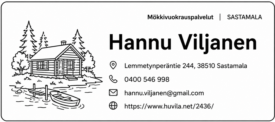 Mökkivuokrauspalveluita tarjoavan Hannu Viljasen yhteystietokortti. Kuvituksena mökki rannassa ja soutuvene laiturissa.