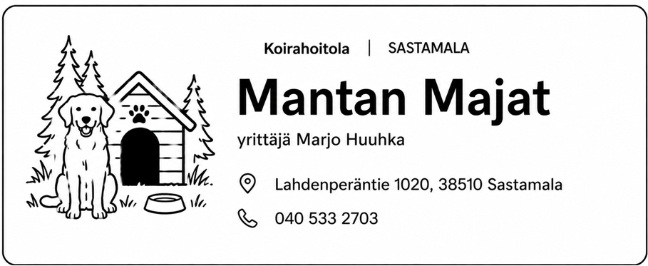 Mantan Majat -koirahoitolayrittäjä Marjo Huuhkan yhteystietokortti. Kuvituksena koira istumassa koirankopin edessä.