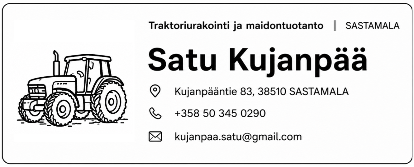 Traktoriurakointia tarjoavan yrittäjä Satu Kujanpään yhteystietokortti. Kuvituksena traktori.